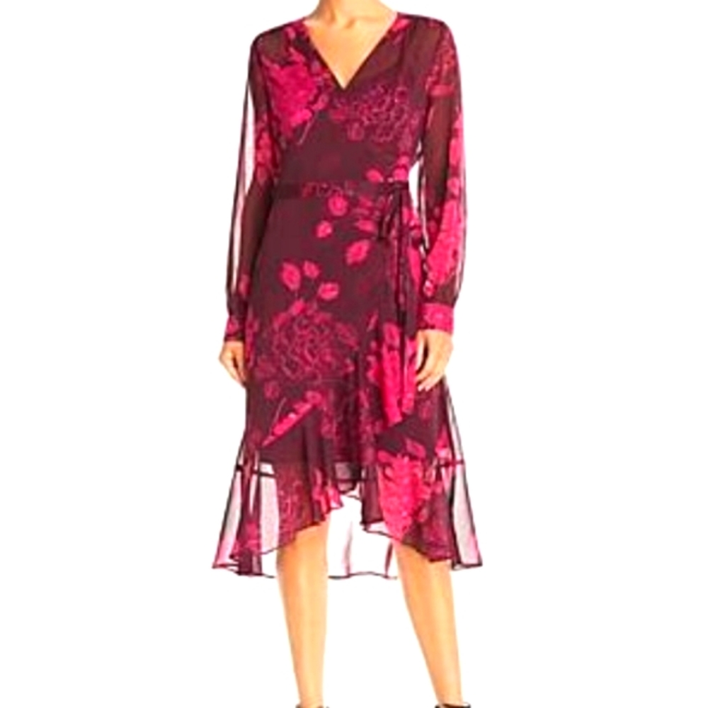 LS Mulberry BotanicalPrint Woven Chiffon Overlay WrapDress GypsyRose